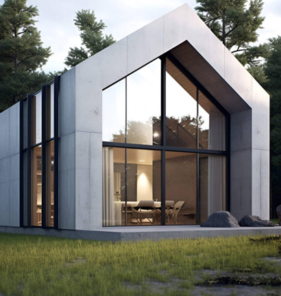 Modern concrete house with gabled roof and glass windows